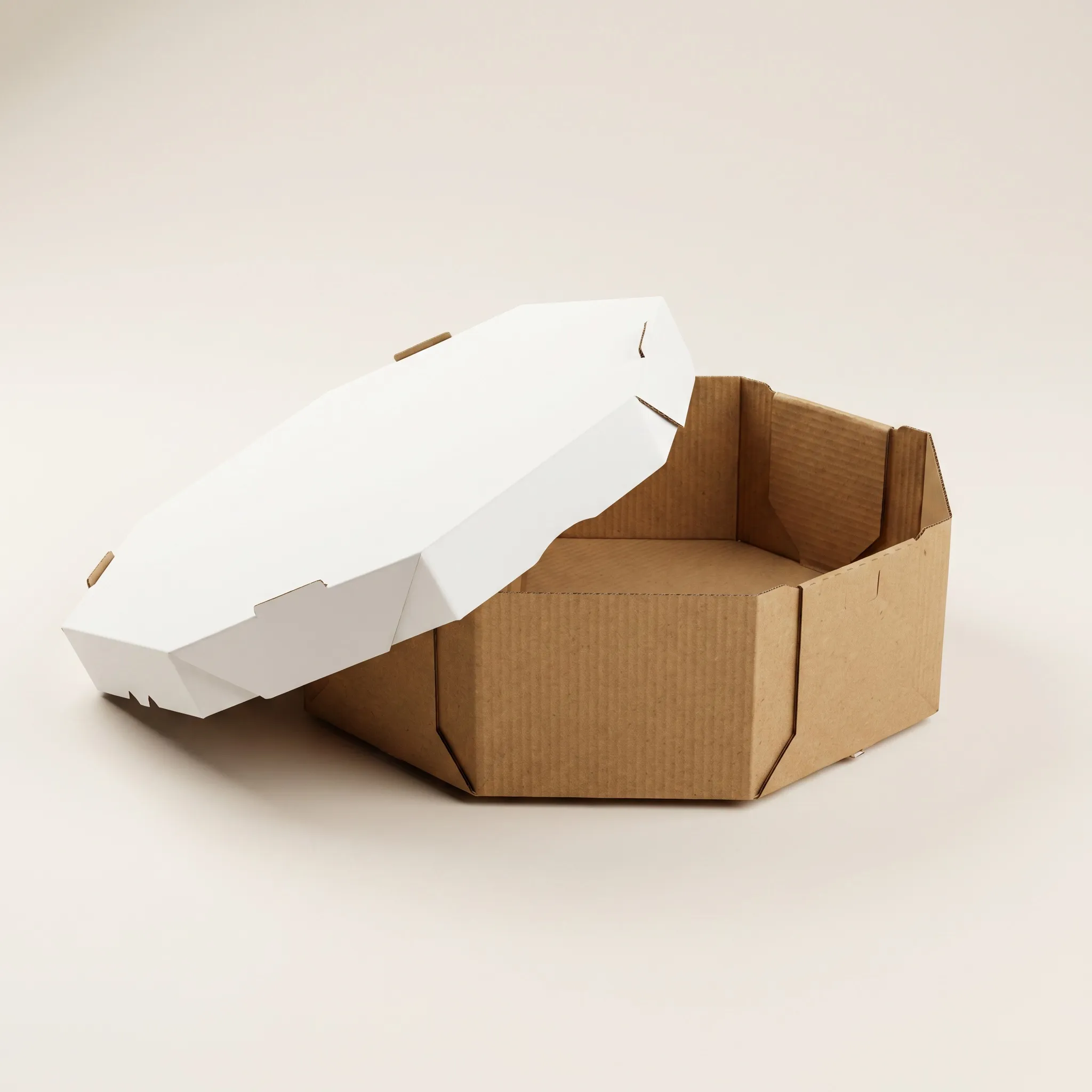 Caixa de pizza oitavada de papelão kraft com tampa branca, fabricação própria Empelbra