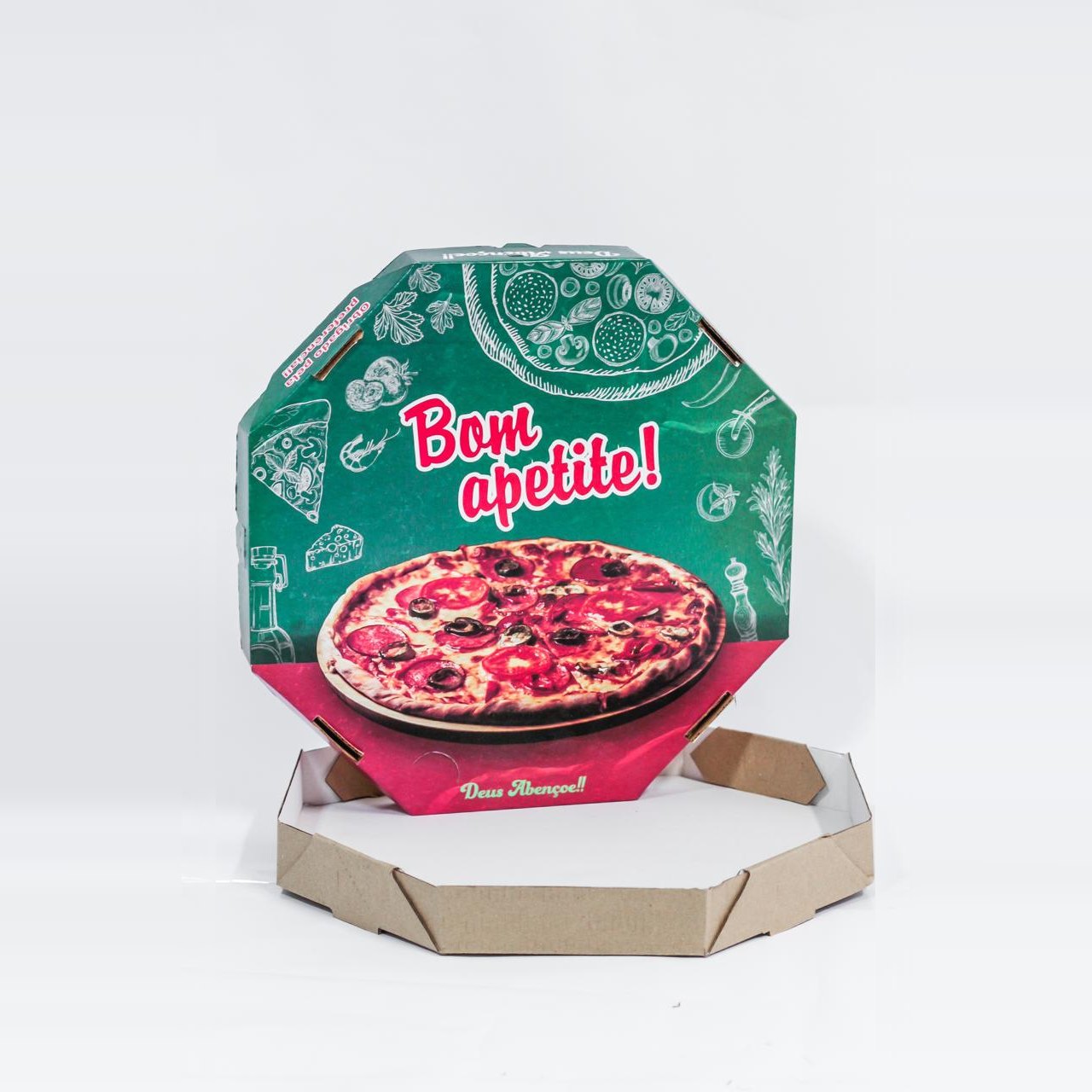 Caixa de Pizza Oitavada Offset com arte de pizza e a frase Bom apetite na tampa erguida, fundo kraft por fora e branco por dentro