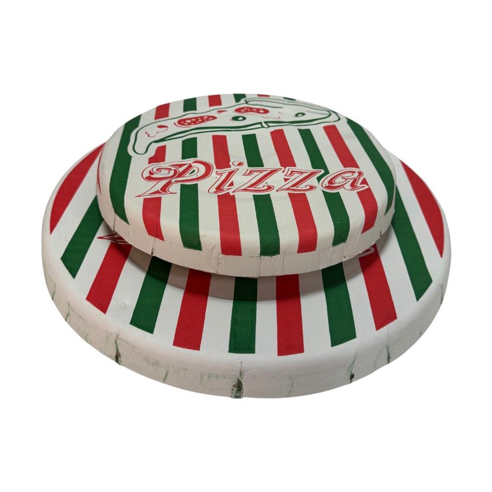 Dois tamanhos da Caixa de Pizza Redonda Fotográfica com listras vermelhas e verdes e a palavra Pizza, empilhadas